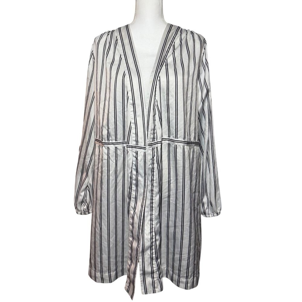 Shimera Striped Open Front Duster Robe Jacket Large White Black Good Longline